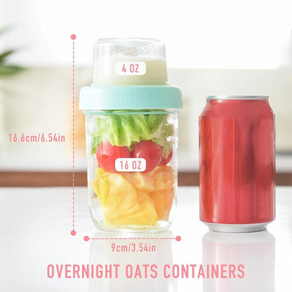 4oz 16 oz Glass Overnight Oats Containers with Lids 4Pack, Yogurt Parfait Cups with Dry and Wet Separation, Breakfast Prep Bowl for Cereal Nut Fruit Meal, To Take Along Oatmeal Salad Smoothie Snack