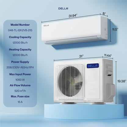 DELLA Vario Series 12000 BTU Mini Split Air Conditioner Work with Alexa with 1 Ton Pre-Charged Heat Pump Ductless Inverter System, 23 SEER2, Cools Up to 550 Sq. Ft,16.4ft Installation Kit Included