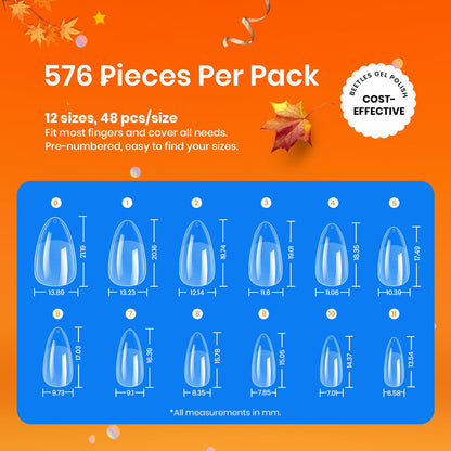 Beetles Gel Nail Kit Short Almond with Nail Dehydrator and Primer, 576Pcs Half Matte Etch-X Gel Nail Tips Solid Nail Glue Mini Nail Lamp Acrylic Nail Tips Easy DIY Nail Extension Set Gift for Women