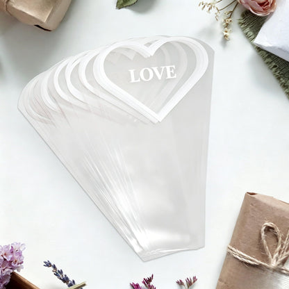 CHAQiWi Flower Bags for Bouquets Wrapping, Bulk Cellophane Sleeves for Flower Bar Supplies Wedding Birthday Mother's Day Valentine's Day (White Heart, 50PCS)
