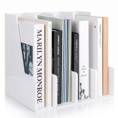 LALOBLUE White Vertical File Organizer, 4 Section Magazine Holder for Desk, Desktop File Folder Rack for Books, Magazines, Documents and Notebooks, Office Home School