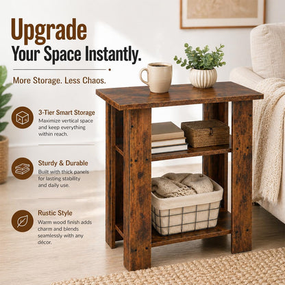 ZEXVIDA Narrow Side Table, 3 Tier Rustic End Table for Living Room, Small Wood Nightstand with Storage Shelves, Slim Bedside Table for Bedroom, Couch, Small Spaces, 22.8" High,Farmhouse Style