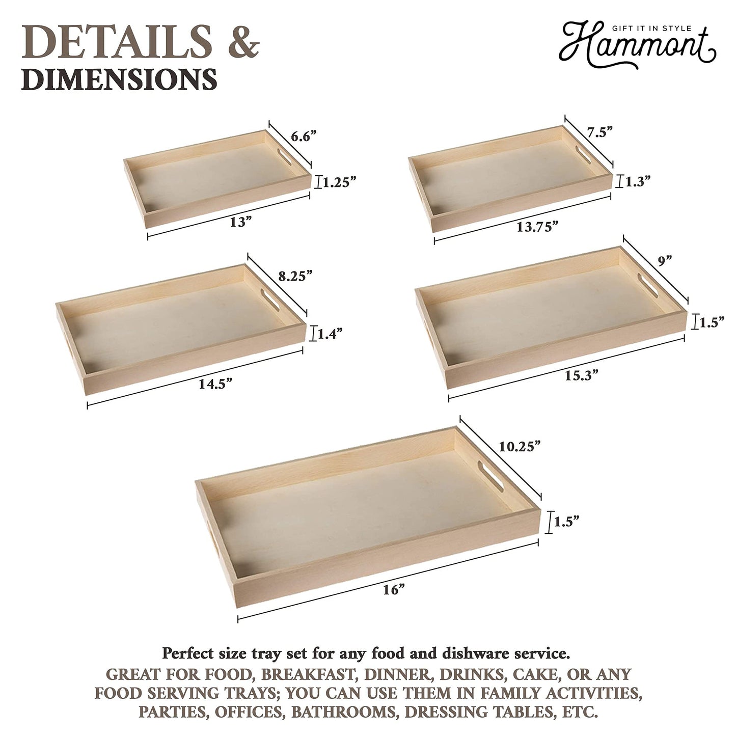Hammont Wood Serving Tray Set with Handles - 5-Piece Nested Breakfast Trays for Food, Party Buffet, Organizing, and Montessori - Versatile Wooden Trays for Serving, Catering, and Bathroom Use