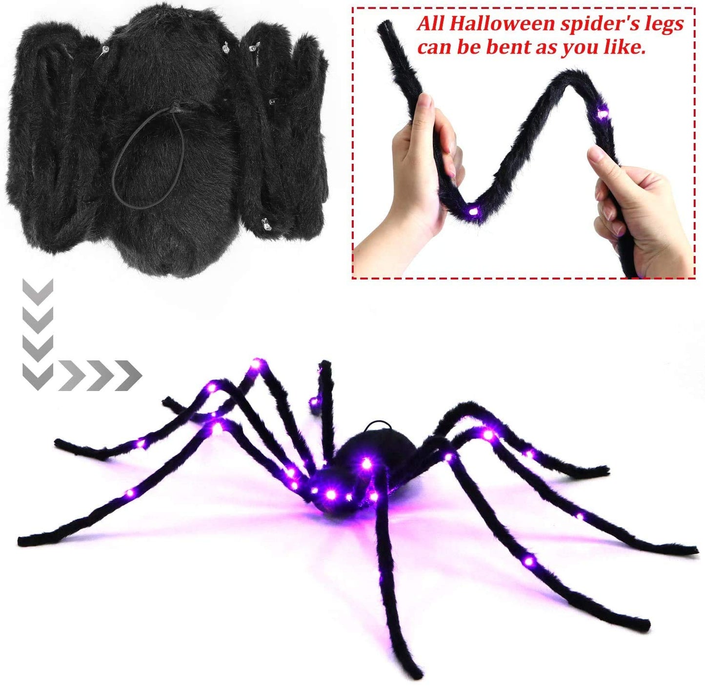 Sizonjoy Halloween Spider Decorations, Giant Light up Black Hairy Spider Decoration for Best Halloween Party Outdoor Indoor Yard Decoration