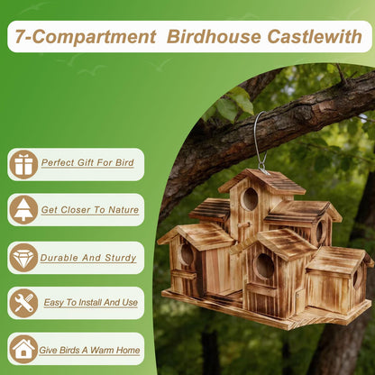 Wooden Bird House for Outside, 7-Compartment Large Birdhouse Castle with Perches, Weatherproof Burnt Wood Hanging Bird Nest for Garden Patio, Decorative Bird Shelter for Bluebird, Finch, Sparrow