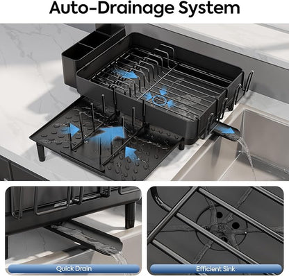 Expandable Dish Rack with Drainboard - Stainless Steel Dish Drainer with Removable Cutlery Tray, Foldable Cup Holder, Elevated Feet, Multifunctional Drainboard for Sink Countertop Kitchen Storage
