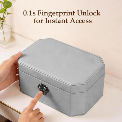 XPEDITION Biometric Fingerprint Lock Jewelry Safe Box Leather-Wrapped Two-Tier Jewelry Box with Quick Access & Keyless Entry, Steel-Reinforced Construction, Perfect for Home Use