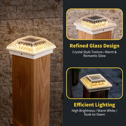 OPOIRA Glass Solar Post Cap Lights with Crystal Style - Decorative Deck Fence Lights for 4x4 5x5 Posts Hidden Solar Panel, Modular Design, 10Hr Runtime, IP65, Warm White, White, 2 Pack