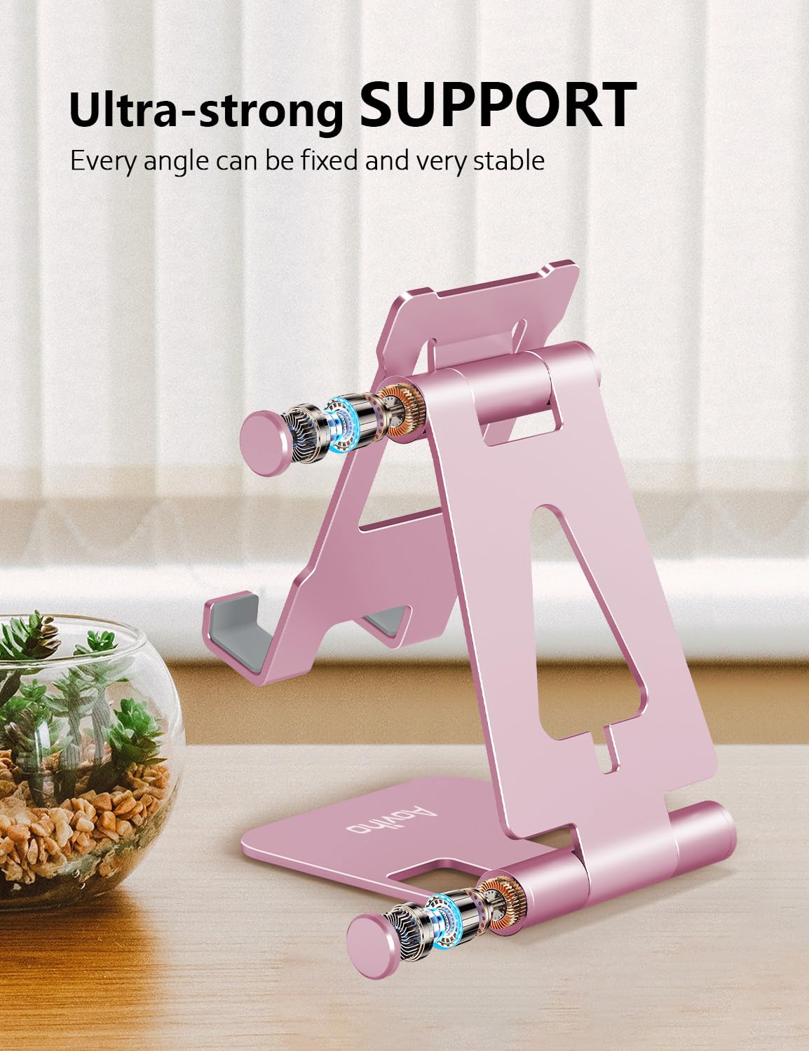 Aoviho Foldable Cell Phone Stand for Desk, Adjustable Phone Holder for Office, Video Calls and Streaming, Portable Desktop Phone Dock Compatible with iPhone 17 16 15 14, Samsung Galaxy, Pink