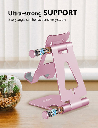 Aoviho Foldable Cell Phone Stand for Desk, Adjustable Phone Holder for Office, Video Calls and Streaming, Portable Desktop Phone Dock Compatible with iPhone 17 16 15 14, Samsung Galaxy, Pink
