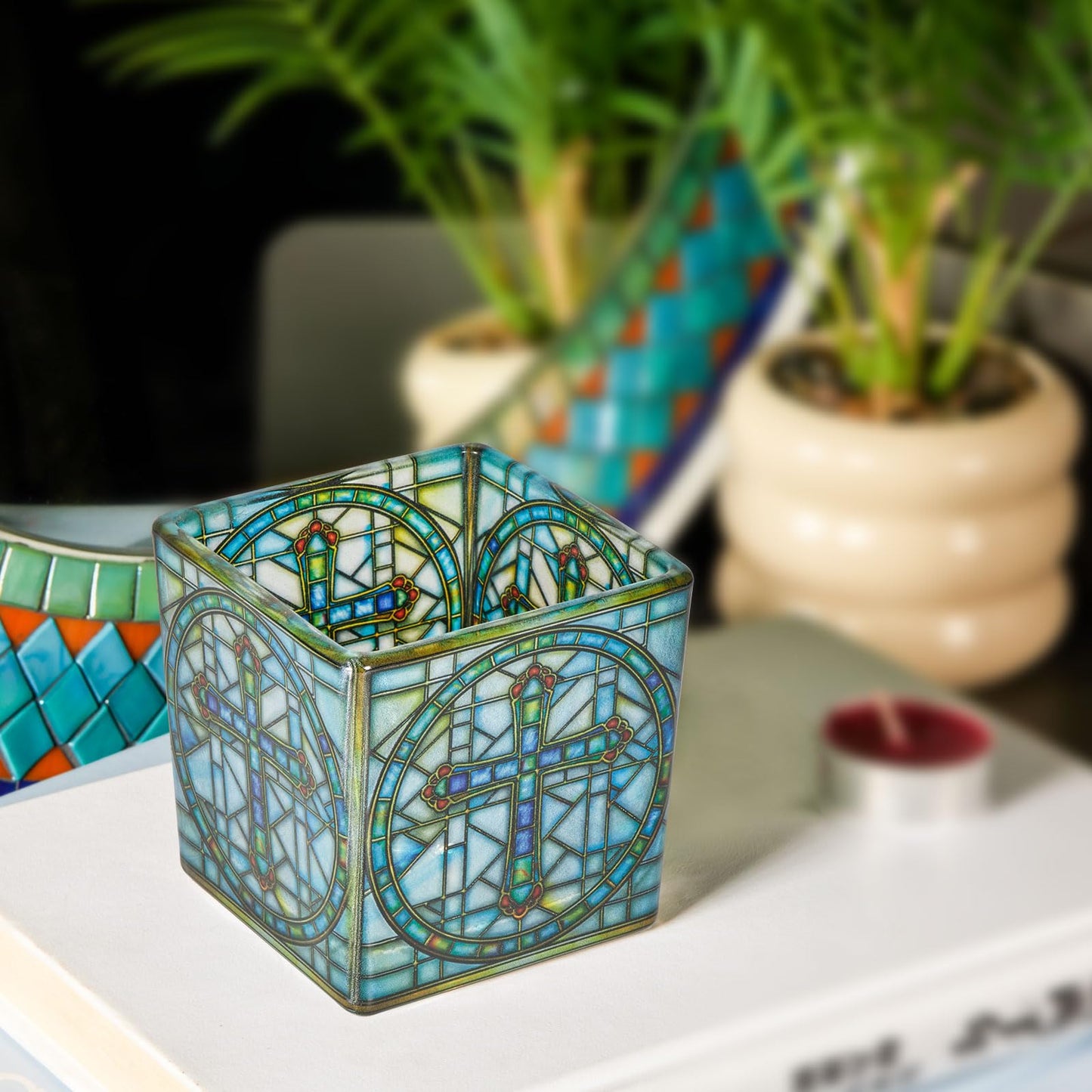 Square Glass Vanity Organizer Religious Cross Altar Ofrenda Qtip Holder Makeup Brush Holder Pen Cup Tealight Candle Holder Table Decor Bronze