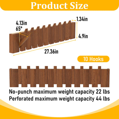 Qriocioa Wood Wall Mounted Coat Rack with 10 Flip Down Hooks, Heavy Duty Piano Style Wall Hook Rack, Decorative Coat Hooks Wall Mount for Entryway, Living Room, Bedroom, Bathroom, Kitchen