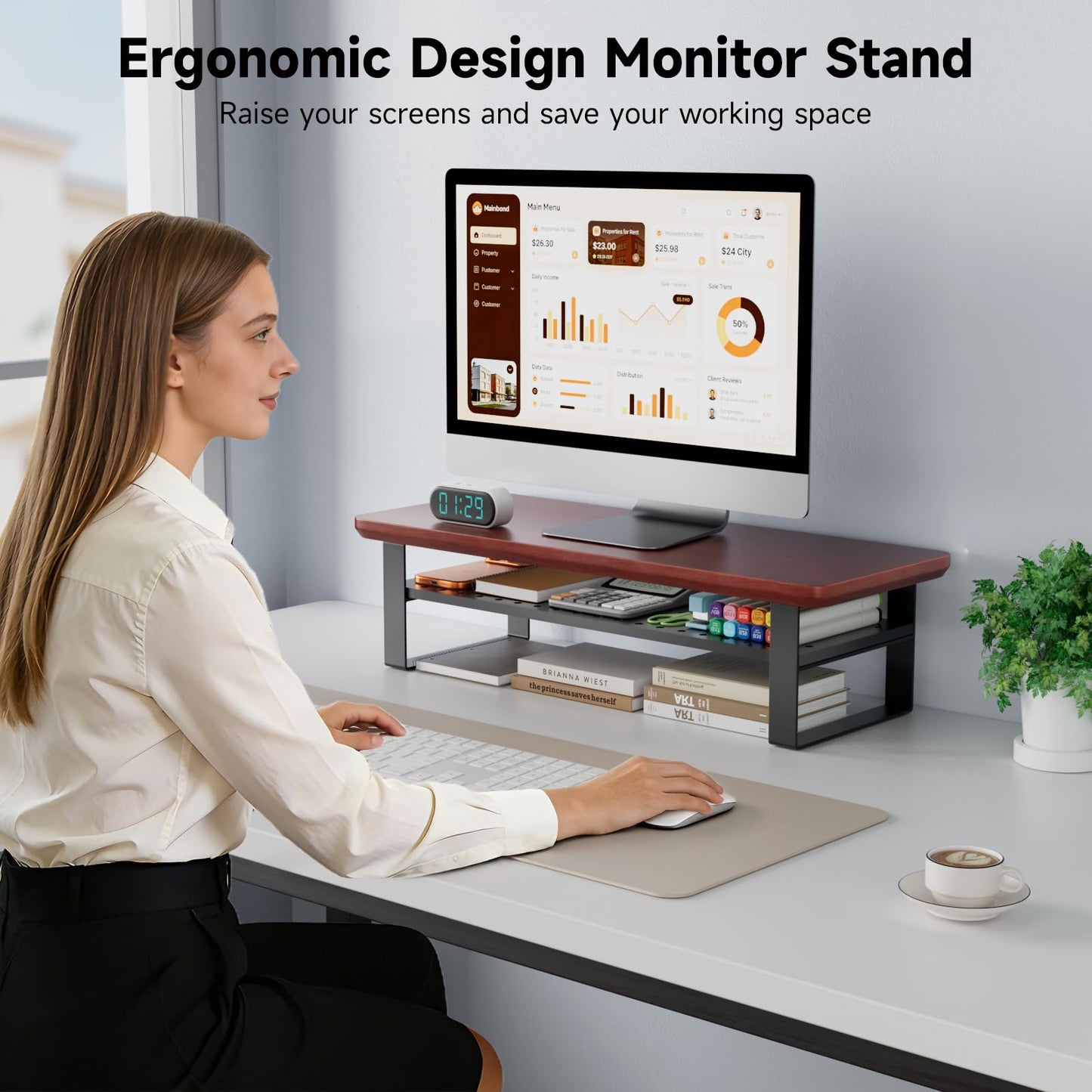NestNeat Monitor Stand Riser, 24 Inch Computer Monitor Stand for Desk, 2-Tier Wood Desk Shelf Organizer with Storage, Desktop Stand for Laptop/Screen/PC/Printer, Ergonomic Home Office Monitor Stand