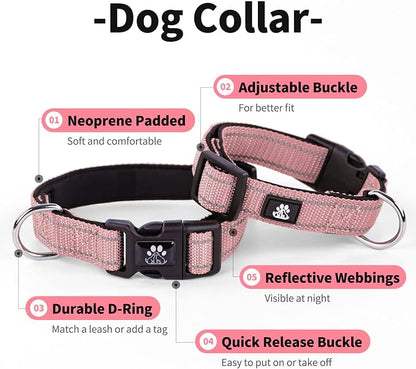 IVY&LANE Reflective Dog Collar and Leash Set,Adjustable Neoprene Padded Dog Collars for Puppy, Breathable Nylon Pet Collar for Small Medium Large Dogs (Medium,Pink)