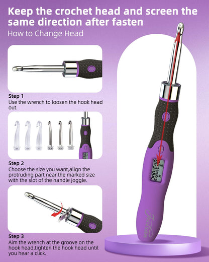 Upgraded Counting Crochet Hook Set - 24-in-1 Interchangeable Hooks Kit - Light Up, Digital Stitch & Row Counter- No Need to Move Fingers- Ergonomic for Arthritic Hands - Cool Gift
