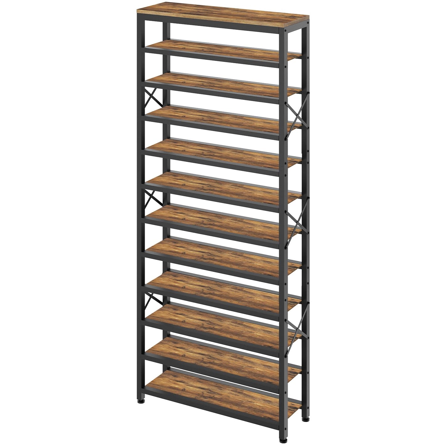 YATINEY 12-Tier Wooden Shoe Storage Organizer and 12-Tier Tall Shoe Rack, Large Shoe Storage Organizer for Closet SS212BR-SS42BR
