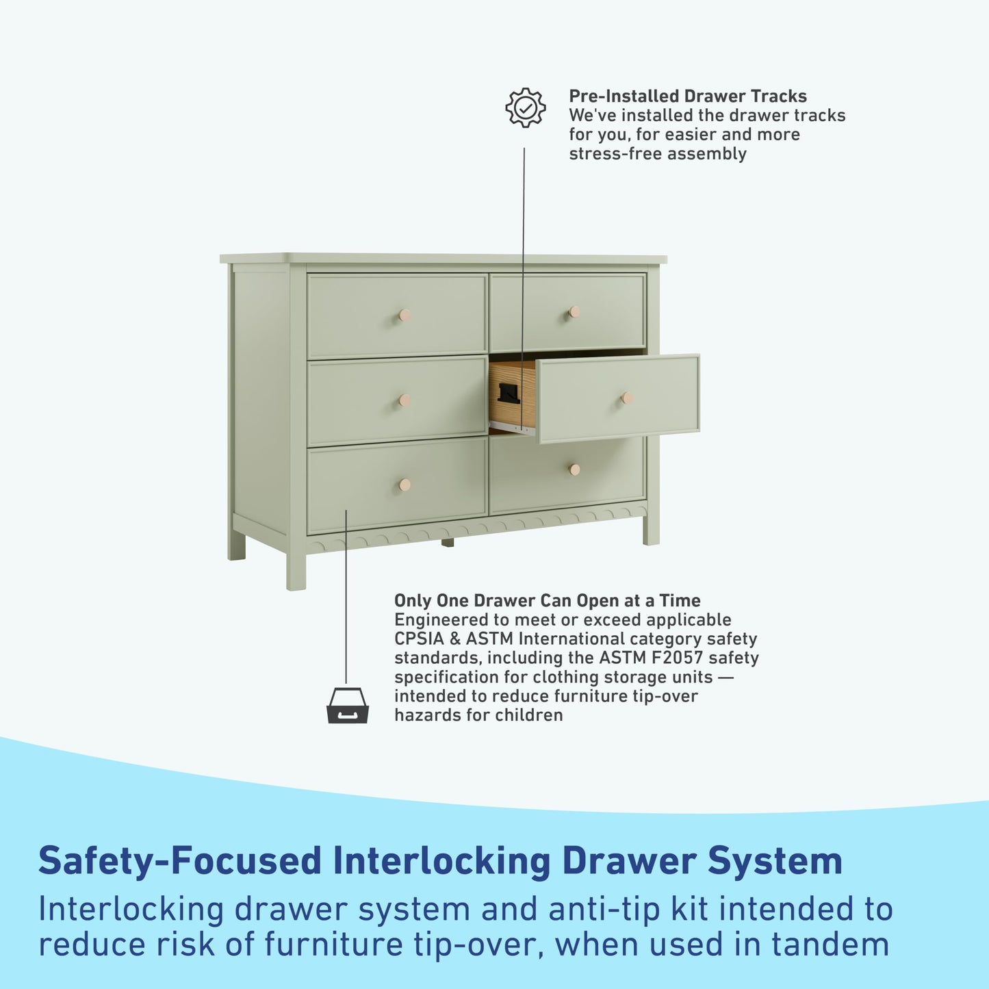 Graco Sasha 6 Drawer Dresser (Sage) – GREENGUARD Gold Certified, Wood Storage for Nursery or Kids’ Room, Safe Interlocking Drawer System & Easy Assembly with Pre-Installed Tracks
