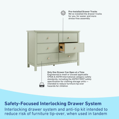 Graco Sasha 6 Drawer Dresser (Sage) – GREENGUARD Gold Certified, Wood Storage for Nursery or Kids’ Room, Safe Interlocking Drawer System & Easy Assembly with Pre-Installed Tracks