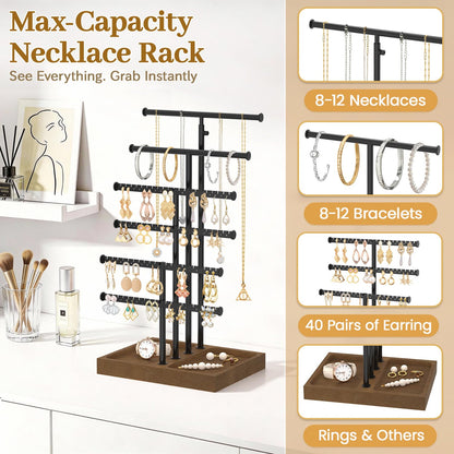MODOWEY Necklace Holder Organizer Earring Display Stand with Wooden Tray, Metal Adjustable Bracelet Tree Rack for Women Vendor Selling, 6 Tier Tall T Bar Large Storage Tower for Find Jewelry In Second