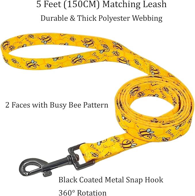 Dog Collar Leash Set, Busy Bee Pattern, 5ft Matching Leash, Polyester Material, 4 for Small Medium Large Dogs.(XS, Bee)