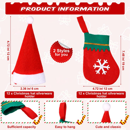 Geetery 24 Set Christmas Cutlery Tableware Holders Christmas Santa Hats Silverware Holders Christmas Socks Silverware Holders and Wooden Cutout Letter Signs for Party Dinner Table Decorations