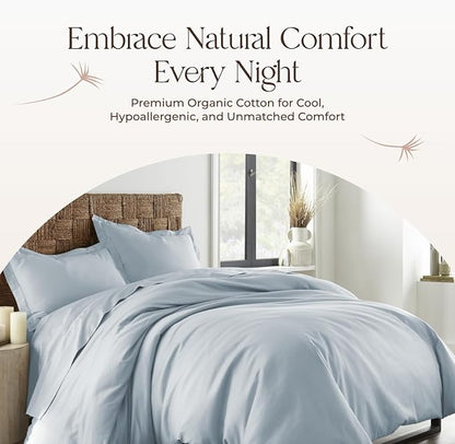 100% Organic Cotton Duvet Cover Twin Size - Naturally Soft Lightweight & Cooling Duvet Cover Set with Decorative Shams - Premium GOTS Certified 300 Thread Count Sateen Weave (Powder, Twin)