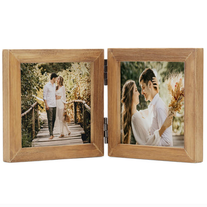 Janreefan Double 4X4 Picture Frames Hinged Folding Rustic Photo Frames in Brown for Wall Hanging or Tabletop Standing, Made of Pine Wood with Real Glass P-44 * 2-MU