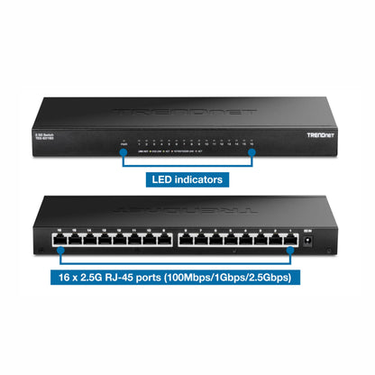 TRENDnet 16-Port Unmanaged 2.5G Desktop Network Ethernet Switch, TEG-S3160, 16 x 2.5Gb RJ-45 Ports, 80Gbps Switching Capacity, Ethernet Splitter, NDAA & TAA Compliant, Lifetime Protection, Black