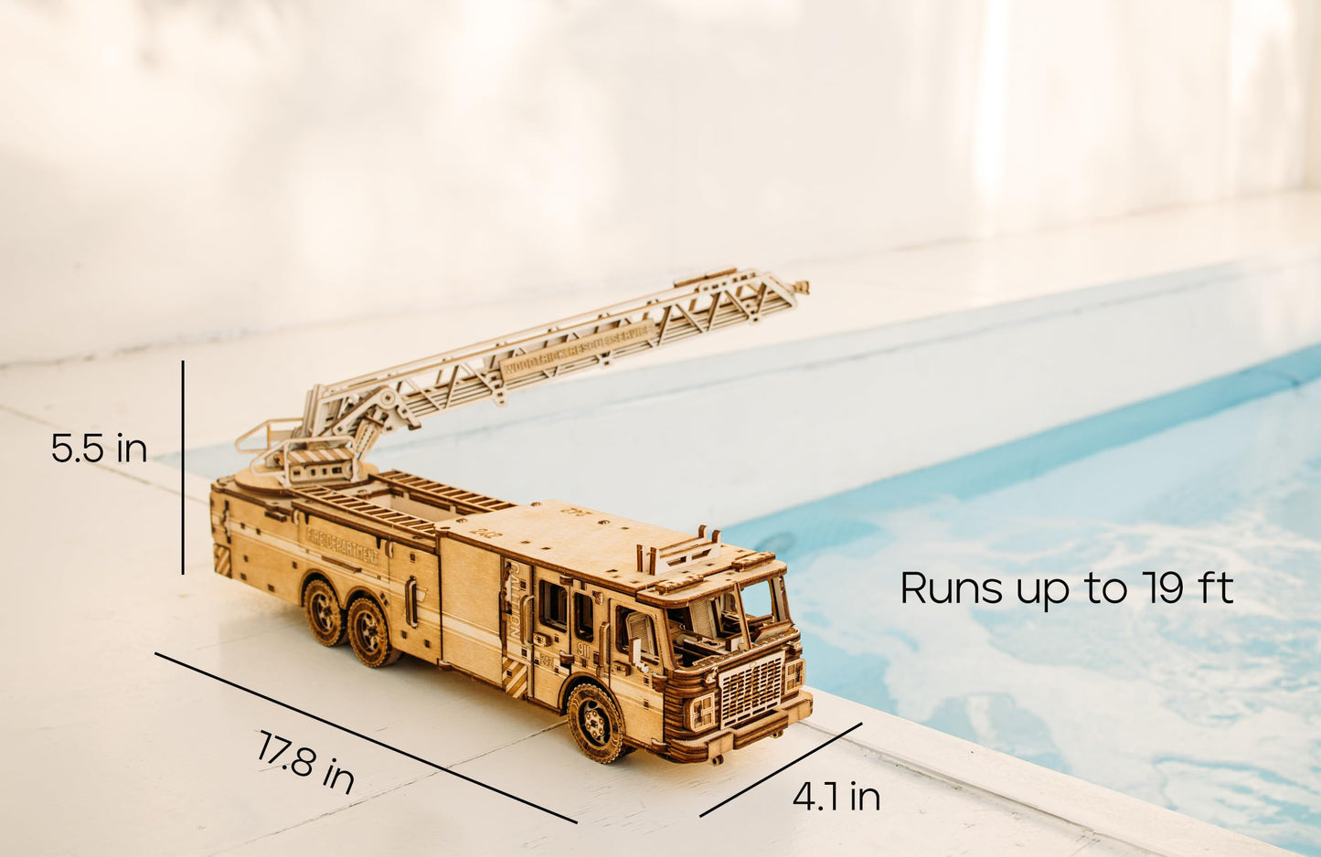 Wood Trick Rescue Firetruck Movable - Rotating Extendable Ladder - 3D Wooden Puzzles for Adults to Build - Rides up to 20 ft - Wooden Models Engineering DIY Project Mechanical Model Kit