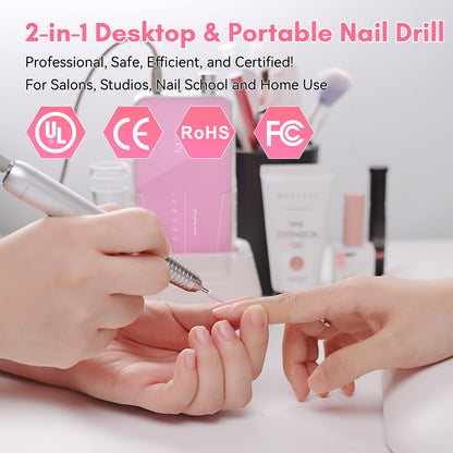 Makartt Nail Drill Professional: 60W 35000RPM Electric Nail File with Coreless Motor, 2 in 1 Desktop & Portable, Drill Bits and LCD Display for Acrylic Gel Nails, Nouvella Pink