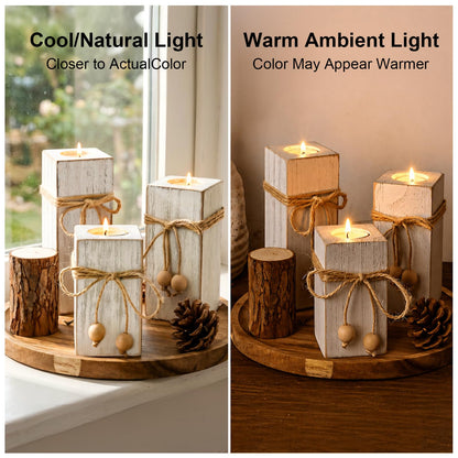 MelonBoat Rustic Flameless LED Candles 3-Pack, Battery Operated Candles with Wooden Candle Holders, White Rustic Farmhouse Decor, Farmhouse Candle Holder for Valentines Holiday Party Home Decor
