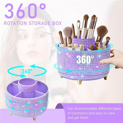 Diesisa Bling Diamond 360° Makeup Brush Holder Organizer, Rotating Makeup Brush Organizer,5 Slot Make up Brushes Cup for Cosmetics, Vanity Desktop Organizer, Gift for Women Teen Girls- Diamond Purple