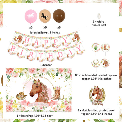 Fangleland Horse Birthday Party Decorations Kit for Girls - Themes Banner & Photo Backdrop, Cake Cupcake toppers, Racing Balloons, Western Cowgirl Happy Supplies