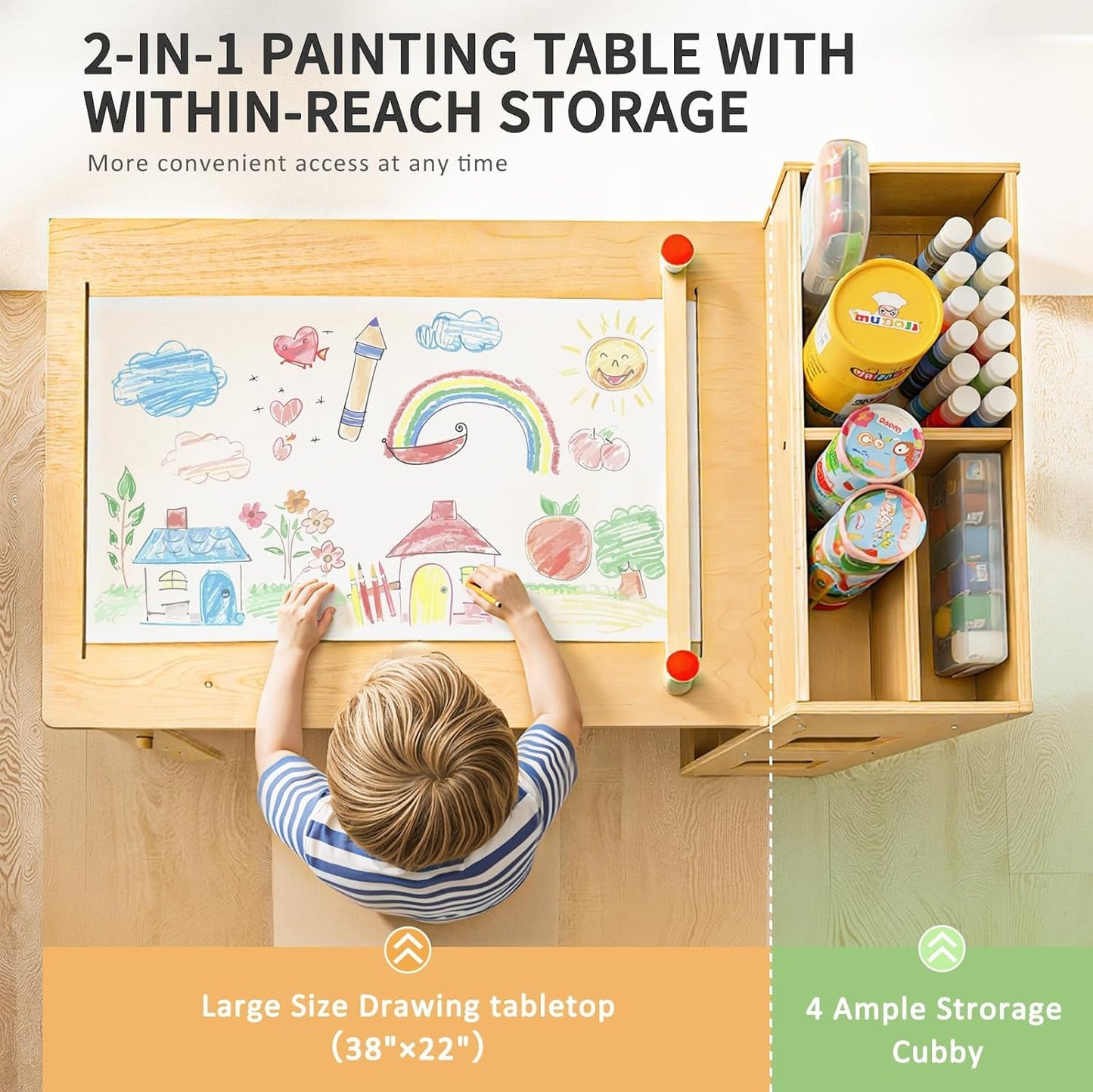 WINGYZ 5 in 1 Kids Art Table and Chairs - Toddler Activity Table and 2 Chair Set with Storage Cabinet, Wooden Kids Craft Table, Art Desk Sensory Table with Paper Roll for Playroom Ages 2-12 Gift