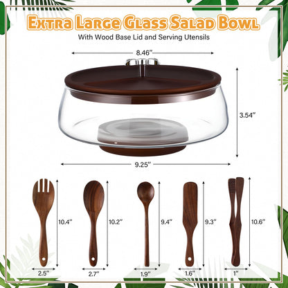 Hushee Large Glass Salad Bowl Set, Party Salad Bowl with Wood Base and Lid as Cheese Charcuterie Board and Plate, Comes with 5 Pieces of Elegant Wood Serving Utensils