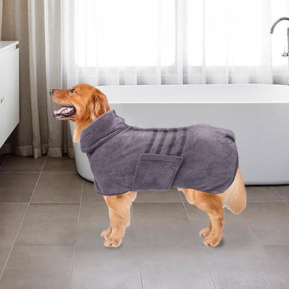 Geyecete Dog Bathrobe Towel Dog Drying Coat - Pineapple Grid Fast Drying Super Absorbent Pet Dog Cat Bath Robe Towel - Gray, Medium