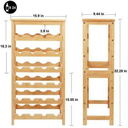 Thalomely Wine Rack Free Standing Floor, 6-Tier 24 Bottles Display Wine Storage Shelves with Table Top, Easy-Assembly Freestanding Bamboo Wine Racks for Kitchen Dining Room Bar, Natural