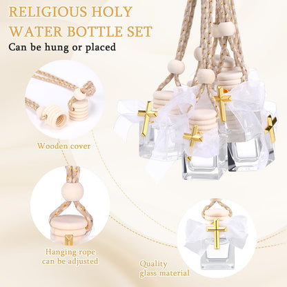Afarnook 30 Set Holy Water Bottles Baptism Favors for Guest 8ml Mini Catholic Christian Holy Water Container with Cross Pin and Ribbon for Church Baptism Communion Christian Gift(White,Square)