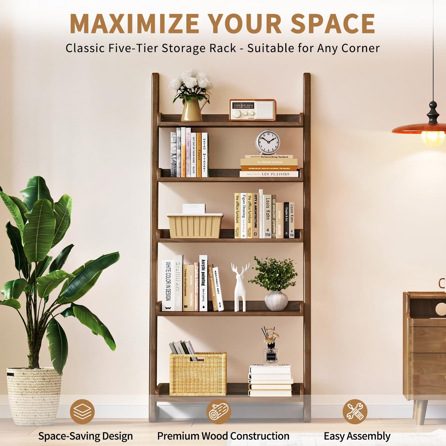 Uniclinens Walnut Wooden Ladder Shelf, 5-Tier Leaning Bookshelf, Ladder Bookshelf for Compact Spaces, Leaning Bookcase for Living Room, Bedroom, Home Office,(23.6''Dx15.7''Wx55.1''H)