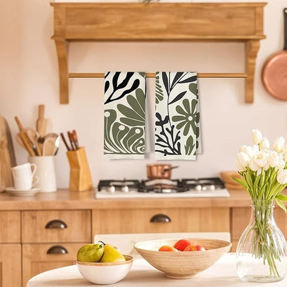 Abstract Green and Black Boho Floral Kitchen Towels Set of 2, 70s Retro Groovy