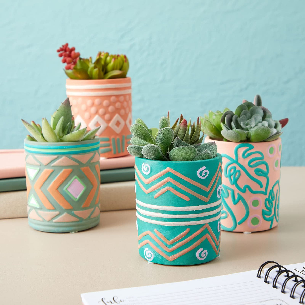 Bright Creations - Themed Designs, Unpainted Flower Pots with Drainage Holes, Rubber Plugs, and Small Sticker Pads (3x3x4 inches, White) - Set of 4