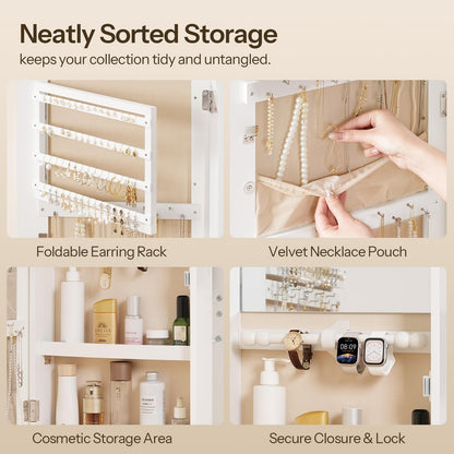 HOOBRO Jewelry Box for Women and Wide Jewelry Cabinet, Jewelry Organizer Box, LED Jewelry Organizer Wall/Door Mounted, 6-Tier Wooden Jewelry Box, Hanging Jewelry Cabinet Mirror, BH12JB04-WT03JC04