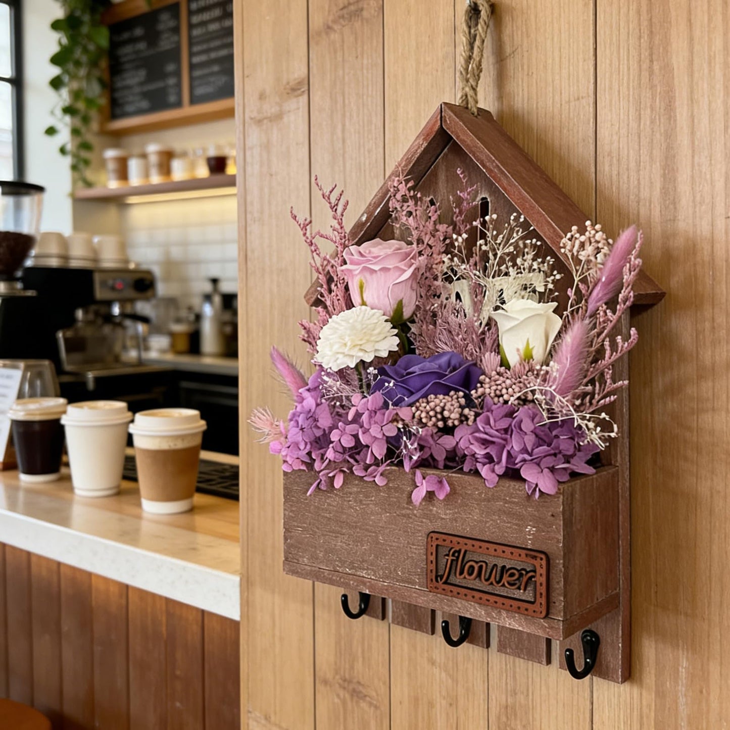 EIGHTOWN Purple Floral Wall Hooks, Farmhouse Wooden House Shape Key Holder with 3 Hooks, Artificial Soap & Dried Flower Decorative Hanger for Entryway, Living Room, Home Decor (Purple)