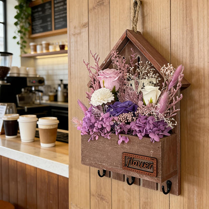 EIGHTOWN Purple Floral Wall Hooks, Farmhouse Wooden House Shape Key Holder with 3 Hooks, Artificial Soap & Dried Flower Decorative Hanger for Entryway, Living Room, Home Decor (Purple)