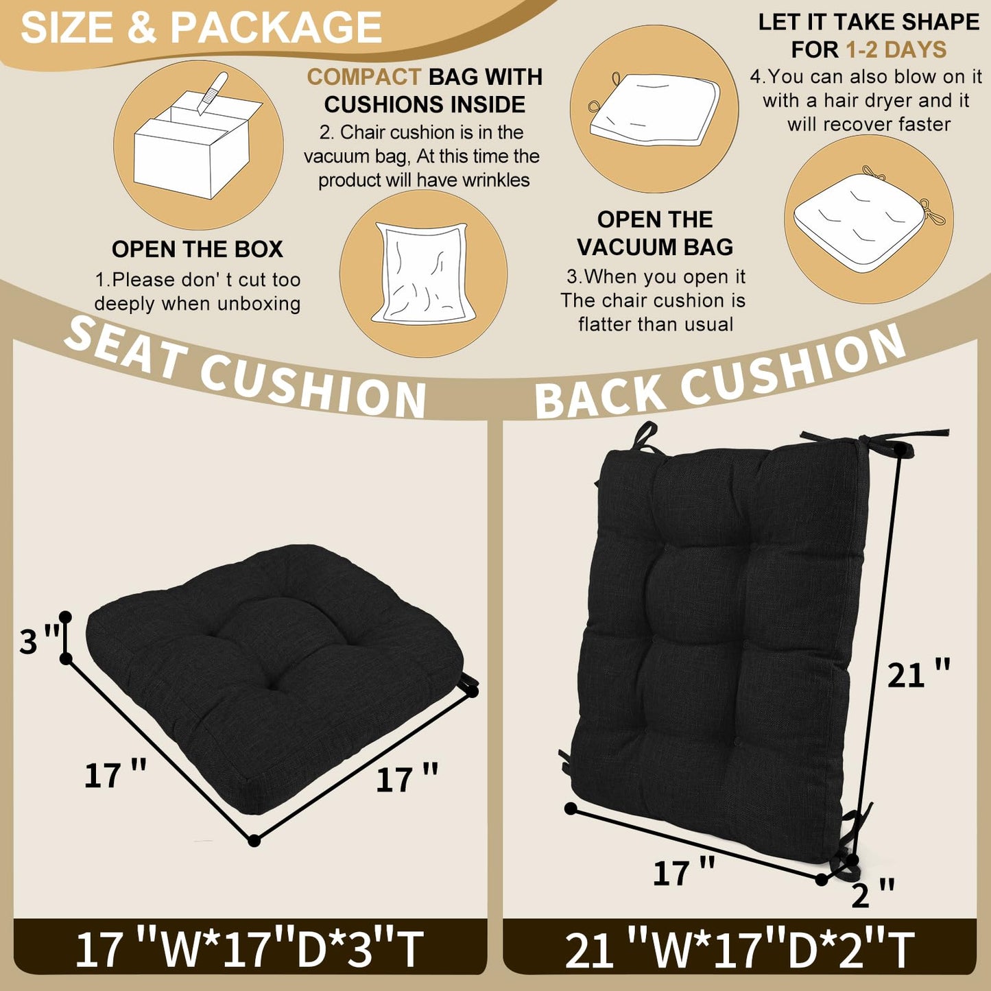 BUYUE Chair Cushion Set for Rocking Chair, Back Pillow & Seat Cushion with Ties, Original Woven Fabric Non-Slip Chair Pads for Elderly Sitting, Black