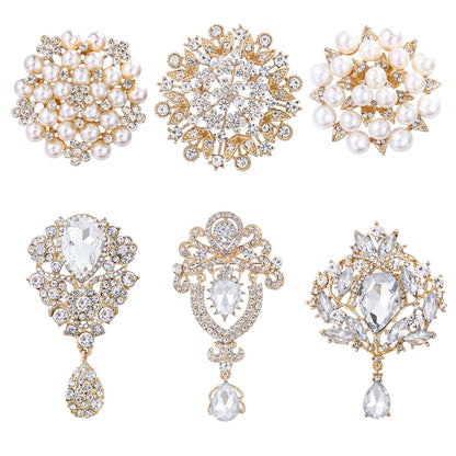 MEEDOZ Crystal Rhinestone Flower Brooch Pin Set for Women DIY Bridal Wedding Bouquet Kit (Gold-tone 6pcs)