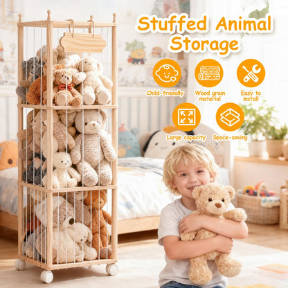 Stuffed Animal Storage - Wooden Large Organizer Holder for Kids' Room and Playroom - Plush Zoo Animals Holder with Elastic Cords & Brake Wheel for Toddler Bedroom Toy Stuff Organization