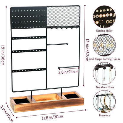 sovia Jewelry Organizer Stand,Earring Organizer with 84 Holes Ear Stud,Jewelry Organizer Holder with Wooden Tray for Earrings Necklaces Bracelets Watches and Rings,Earring Holder Organizer,Black