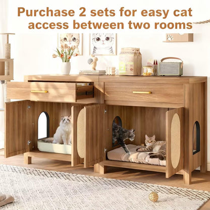 Merax 2 Pieces Cat Litter Box Enclosure with Storage Drawer, Hidden Cat Litter Box Furniture with Scratching Board Doors, Wooden Washroom Cat House Table Nightstand Box Cabinet, Espresso