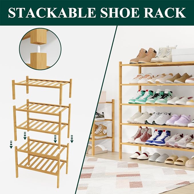 Smiry Long Bamboo Shoe Rack, 5 Tier Free Standing Wooden Shoe Organizer, Stackable Wood Shoe Storage Shelf for Closet, Entryway, 12 Vertical Slats, 2+2+1 Stack Standard Legs, 33.7"x11"x32.5", Natural
